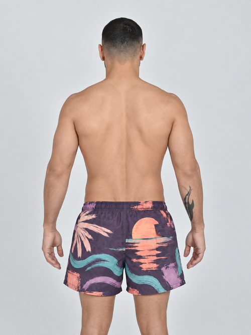 Back view of Buen Nado men's Gordon Sunset swim shorts