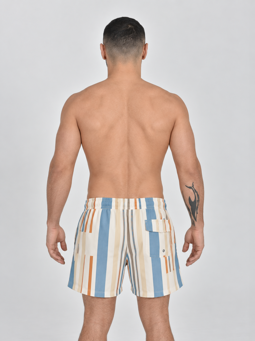 Back view of Buen Nado men's Neve Tzedek Stripe swim shorts